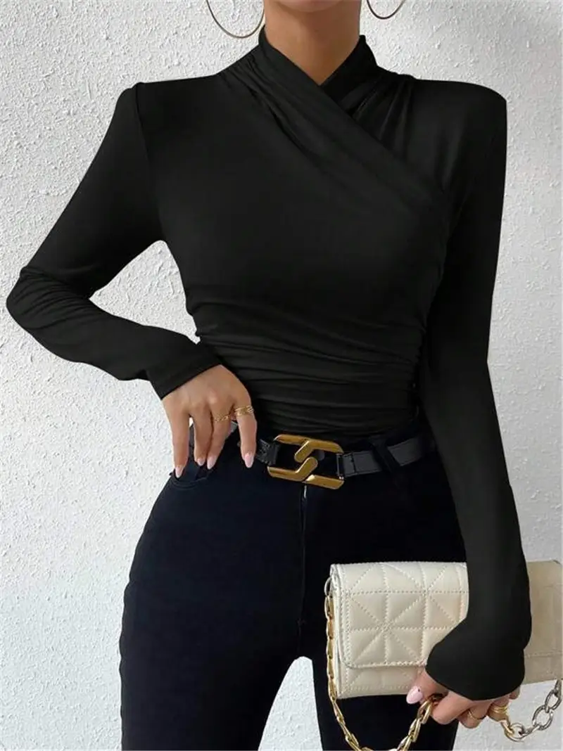 European and American Cross-Border Pullover Autumn and Winter New Design Cross-Collar Long-Sleeved Slim and Versatile Pure Color Pleated T-Shirt