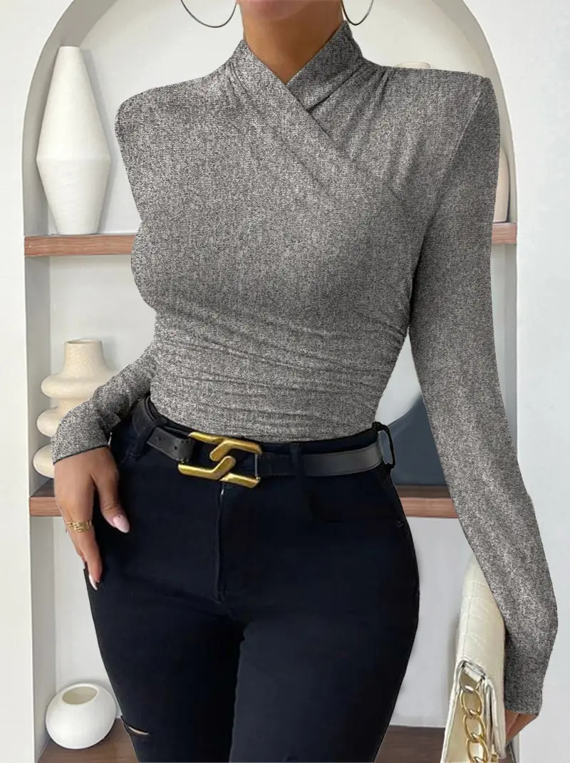European and American Cross-Border Pullover Autumn and Winter New Design Cross-Collar Long-Sleeved Slim and Versatile Pure Color Pleated T-Shirt