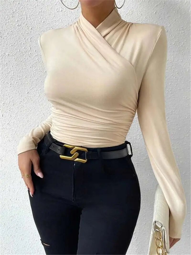 European and American Cross-Border Pullover Autumn and Winter New Design Cross-Collar Long-Sleeved Slim and Versatile Pure Color Pleated T-Shirt