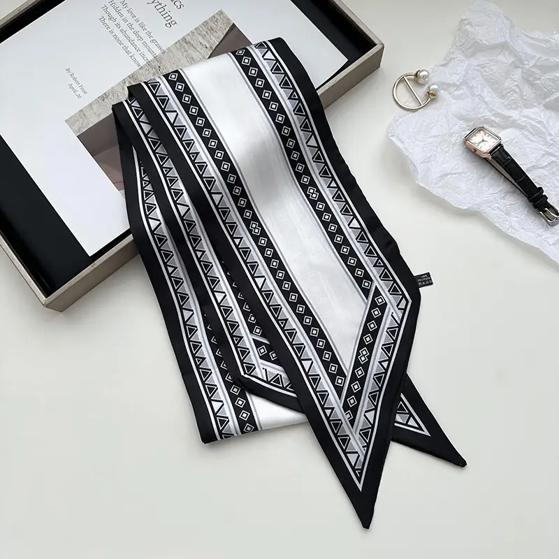 New Silk Scarf with Black White Pattern for Women - Image 13