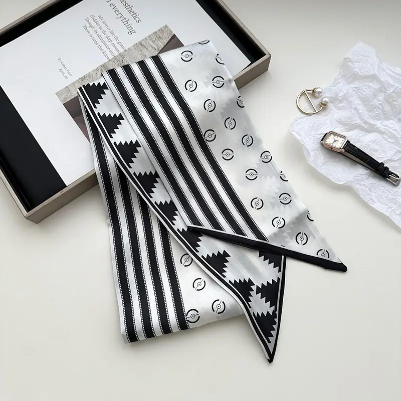 New Silk Scarf with Black White Pattern for Women - Image 16