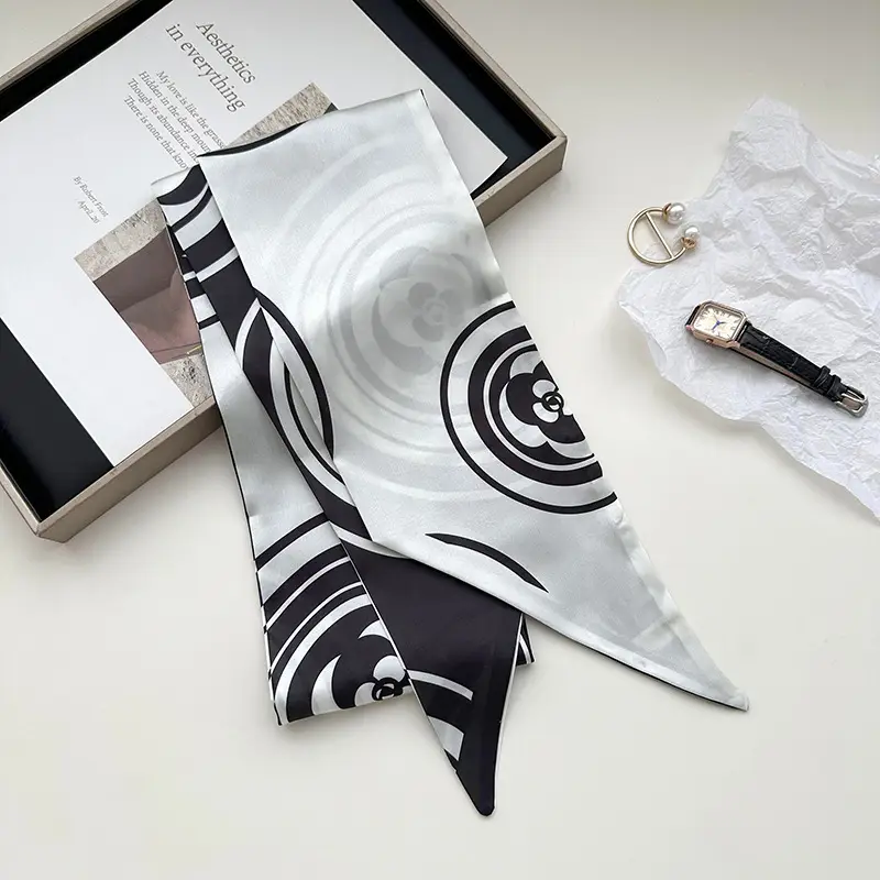 New Silk Scarf with Black White Pattern for Women - Image 17