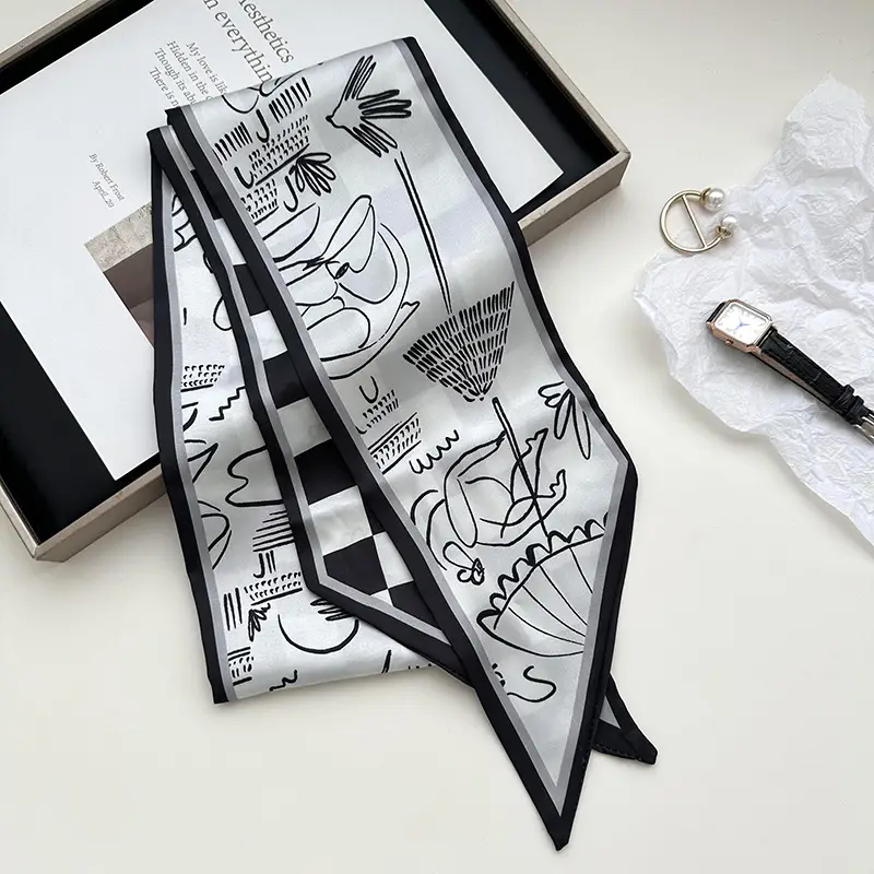New Silk Scarf with Black White Pattern for Women - Image 6