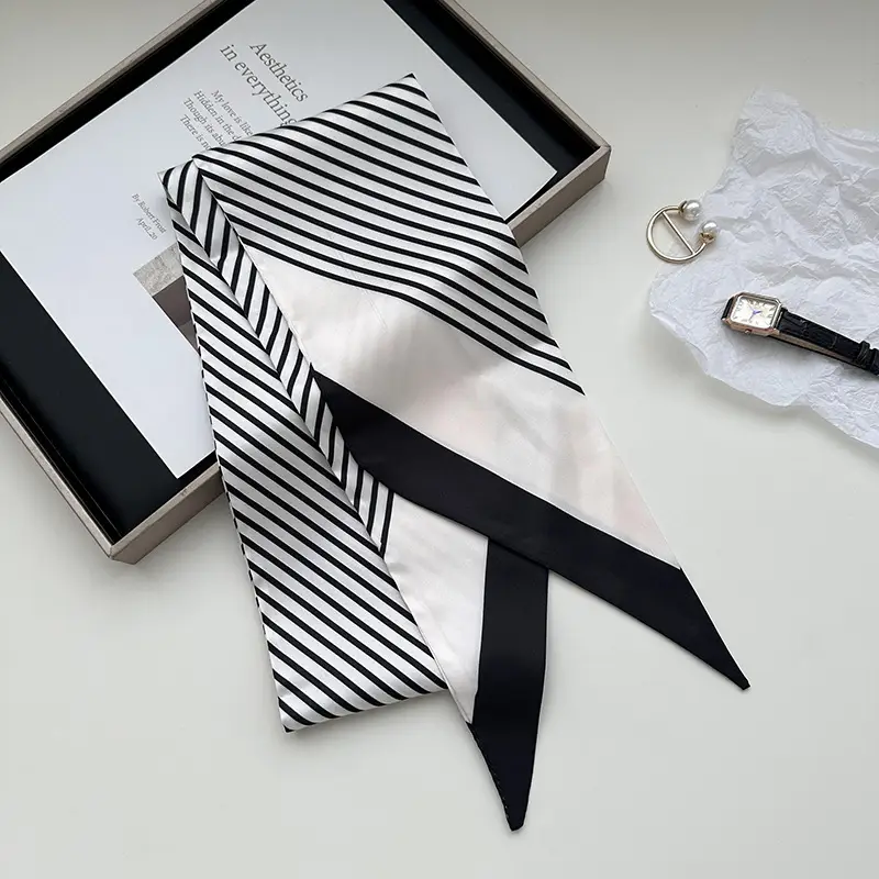 New Silk Scarf with Black White Pattern for Women - Image 7