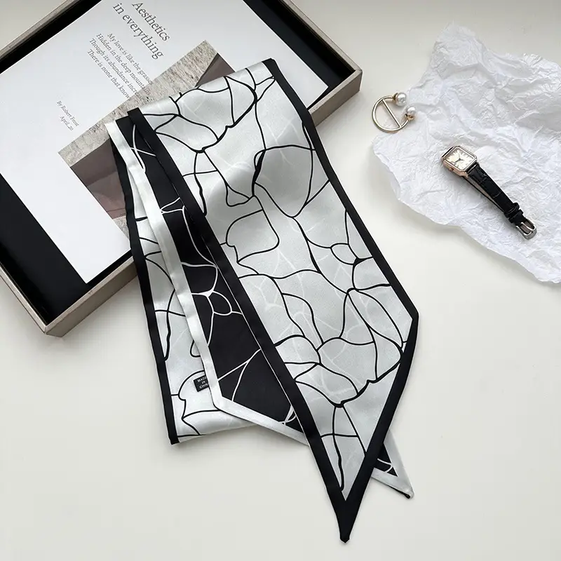 New Silk Scarf with Black White Pattern for Women - Image 8