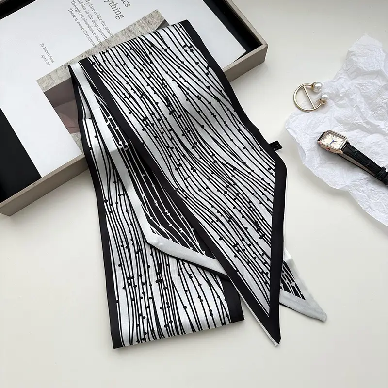 New Silk Scarf with Black White Pattern for Women - Image 9