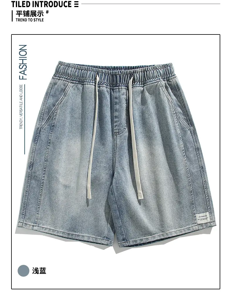 Men Denim Shorts Light Blue Wide Leg Casual — feature 6