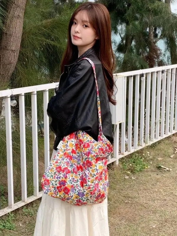 Vintage Floral Canvas Shoulder Bag Spring Summer New Fresh Girl Style Large Capacity Tote Bag - Image 17