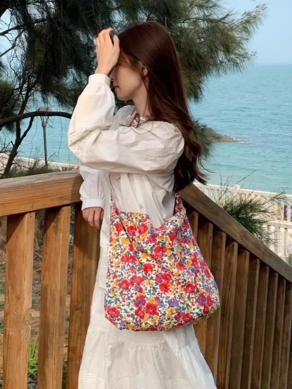 Vintage Floral Canvas Shoulder Bag Spring Summer New Fresh Girl Style Large Capacity Tote Bag - Image 18