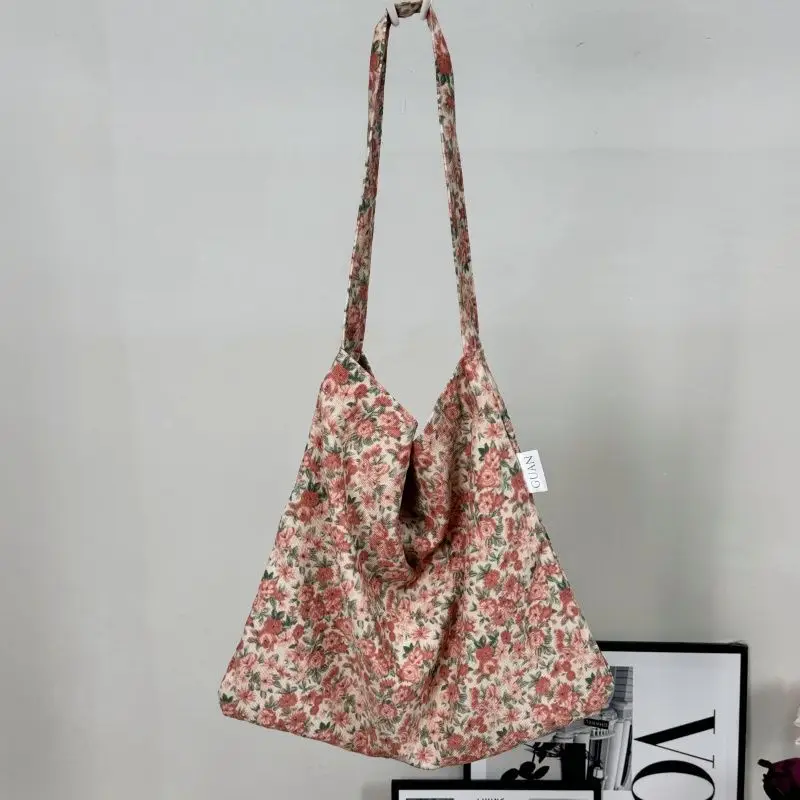 Vintage Floral Canvas Shoulder Bag Spring Summer New Fresh Girl Style Large Capacity Tote Bag - Image 12