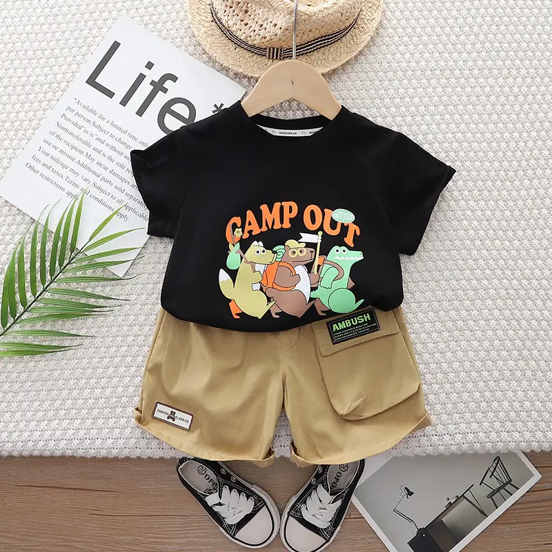 Girls Black T-Shirt Beige Shorts 2024 Summer Casual Two-Piece - Image 2