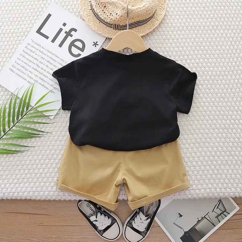 Girls Black T-Shirt Beige Shorts 2024 Summer Casual Two-Piece - Image 4