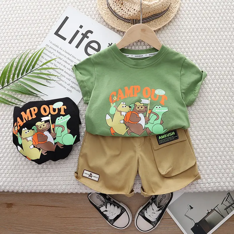 Boys T-shirt Shorts Set Black Five Point Graphic 2024 Summer - Image 3