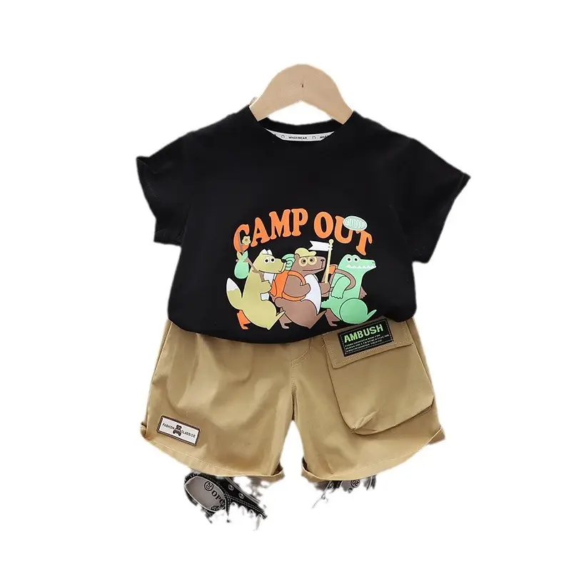 Boys T-shirt Shorts Set Black Five Point Graphic 2024 Summer - Image 5