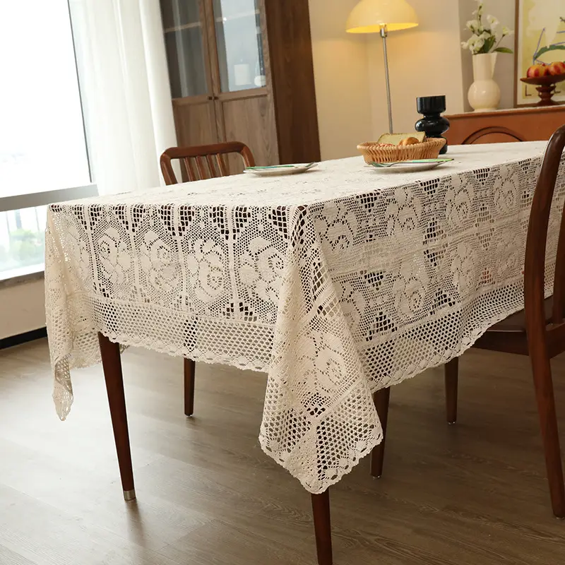 American-Style Retro Crochet Tablecloth, Non-Slip Cover Cloth, Woven Hollow-Out Tablecloth, Beige Cotton Placemat, Cross-Border Dropshipping