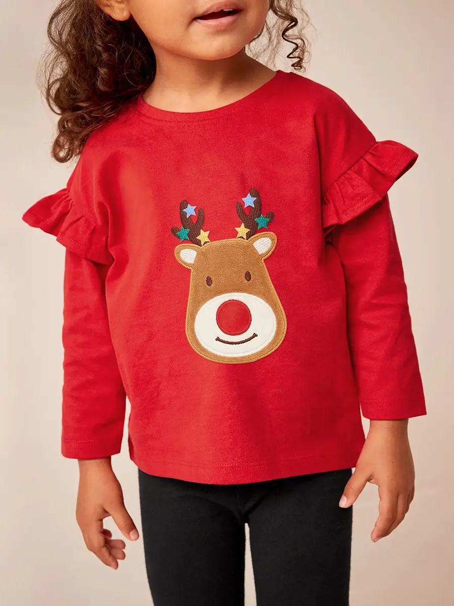Red T-shirt & Black Pants for Girls with Cute Sticker Embroidery - Image 4