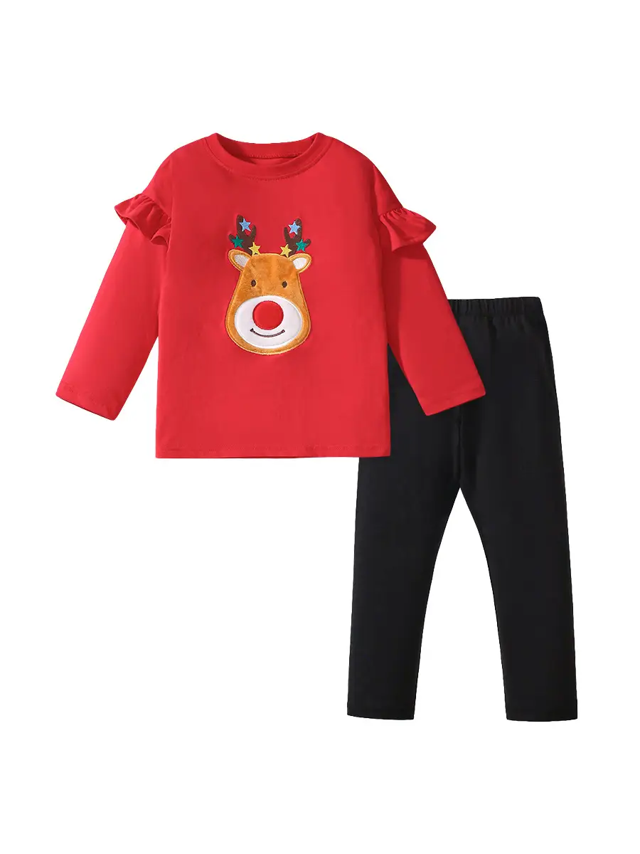 Red T-shirt & Black Pants for Girls with Cute Sticker Embroidery - Image 6
