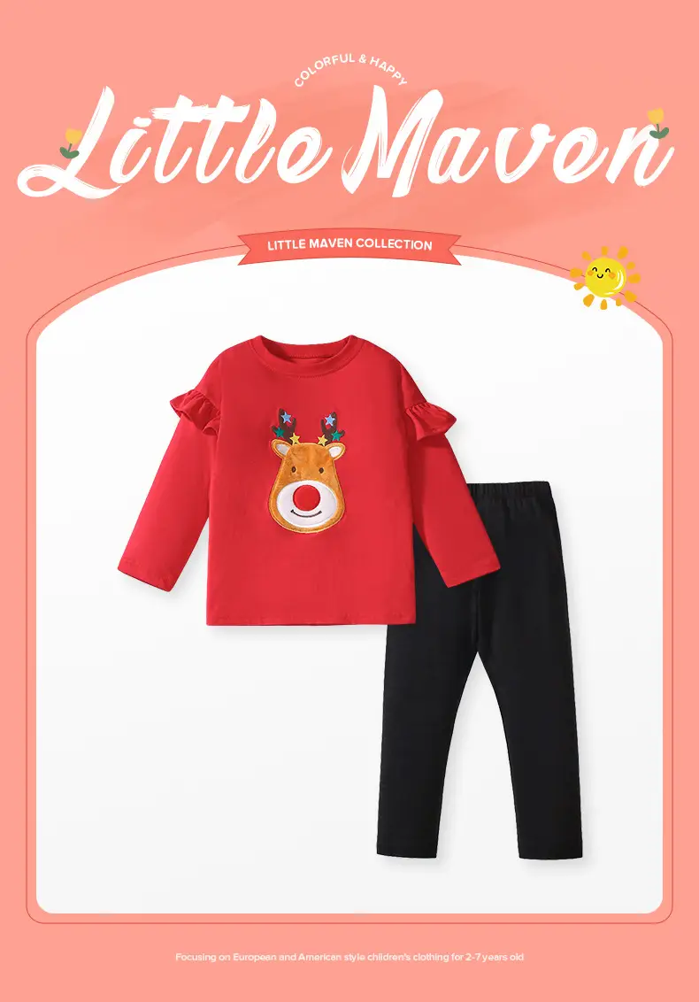 Red T-shirt & Black Pants for Girls with Cute Sticker Embroidery — feature 4