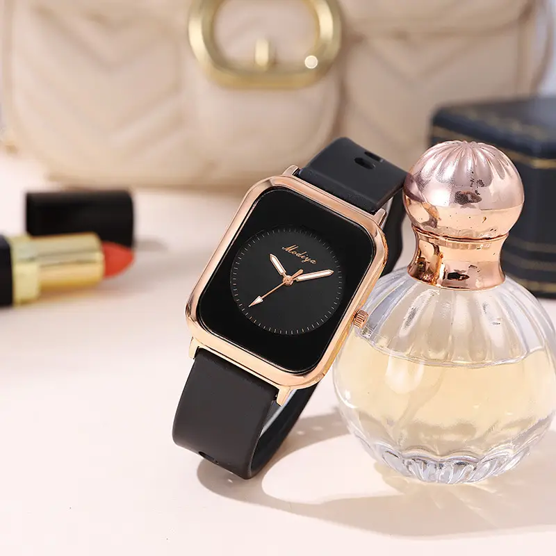 Women's Square Quartz Watches with Black Silicone Band - Image 5