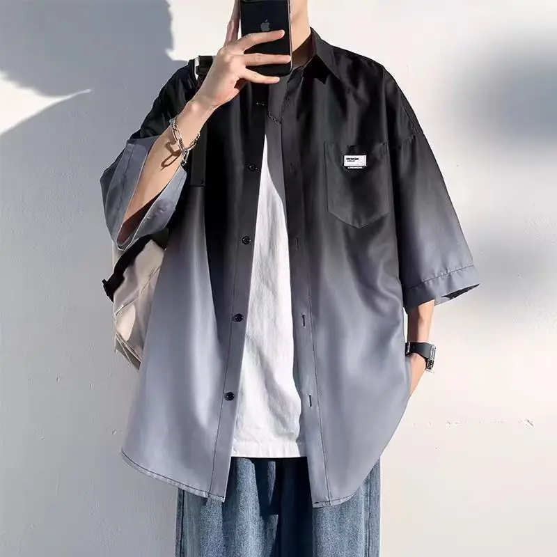Men Ice Silk Gradient Short Sleeve Shirt Blue White - Image 5