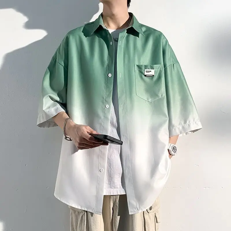 Men Ice Silk Gradient Short Sleeve Shirt Blue White - Image 3