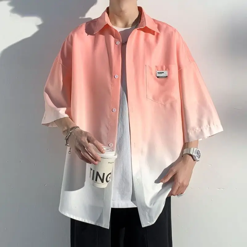 Men Ice Silk Gradient Short Sleeve Shirt Blue White - Image 2