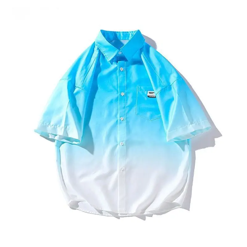 Men Ice Silk Gradient Short Sleeve Shirt Blue White - Image 6