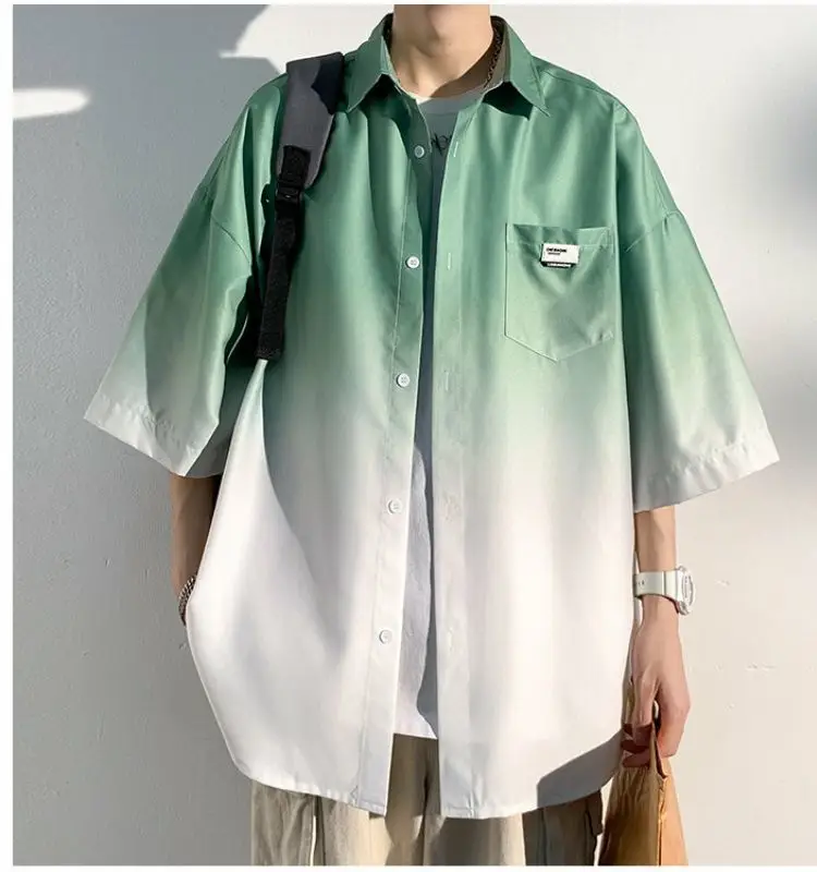 Men Ice Silk Gradient Short Sleeve Shirt Blue White — feature 10