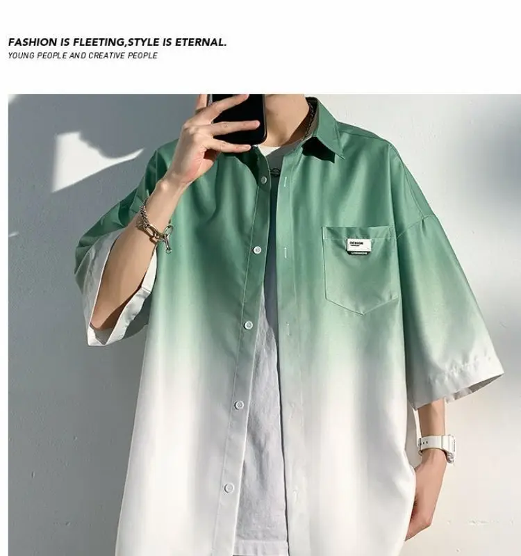 Men Ice Silk Gradient Short Sleeve Shirt Blue White — feature 11