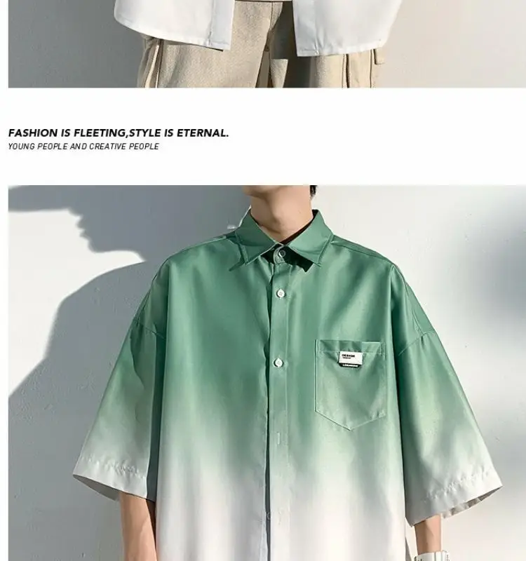 Men Ice Silk Gradient Short Sleeve Shirt Blue White — feature 12