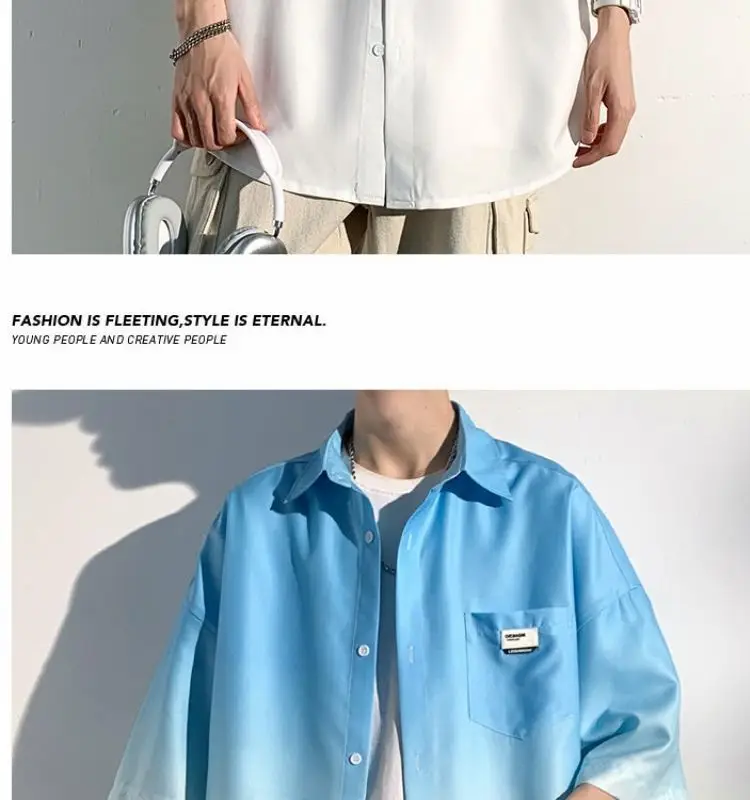 Men Ice Silk Gradient Short Sleeve Shirt Blue White — feature 13