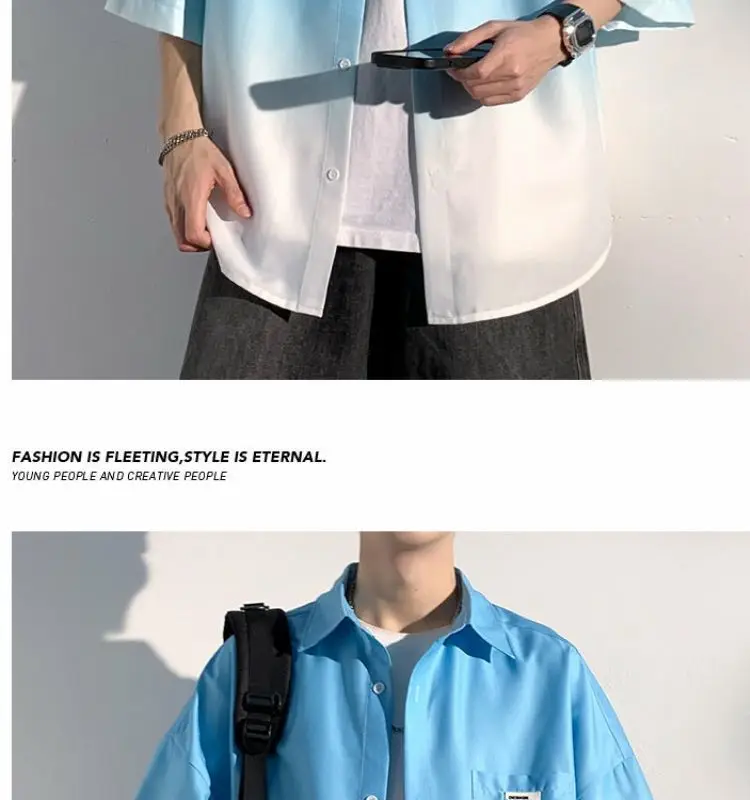 Men Ice Silk Gradient Short Sleeve Shirt Blue White — feature 14