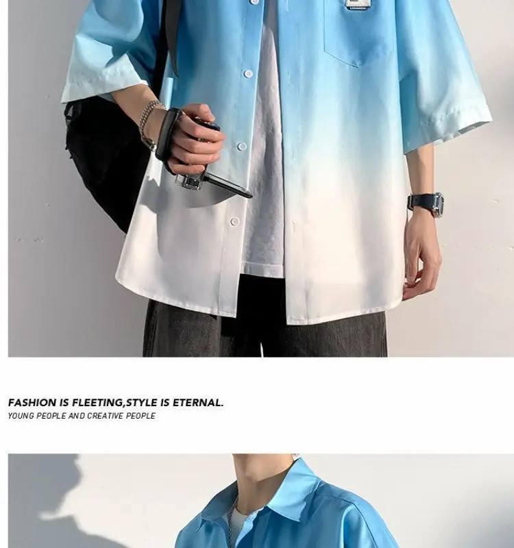 Men Ice Silk Gradient Short Sleeve Shirt Blue White — feature 15