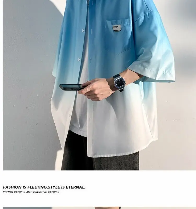 Men Ice Silk Gradient Short Sleeve Shirt Blue White — feature 16