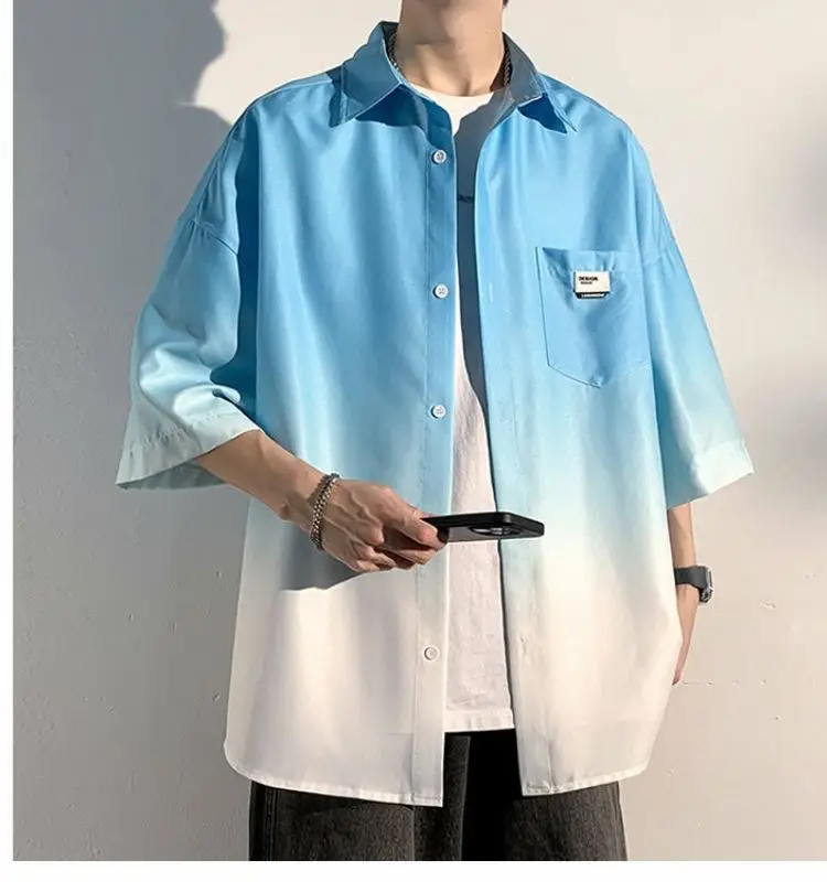 Men Ice Silk Gradient Short Sleeve Shirt Blue White — feature 17