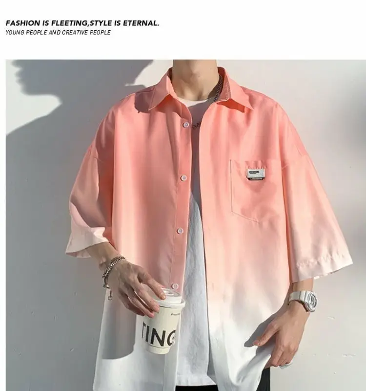Men Ice Silk Gradient Short Sleeve Shirt Blue White — feature 18
