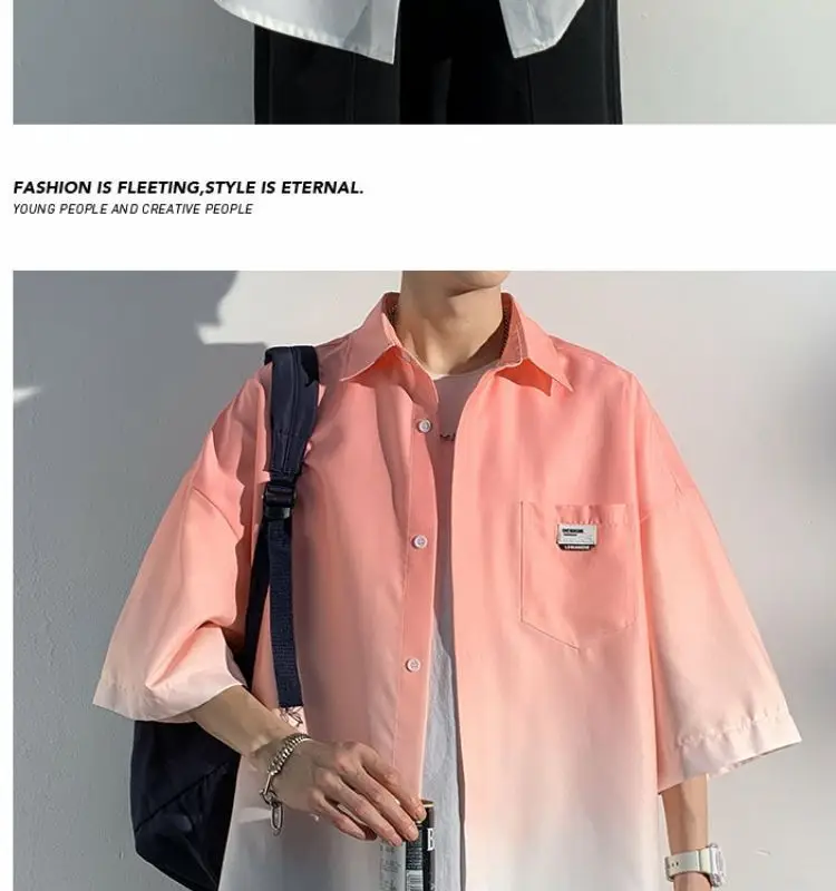 Men Ice Silk Gradient Short Sleeve Shirt Blue White — feature 19