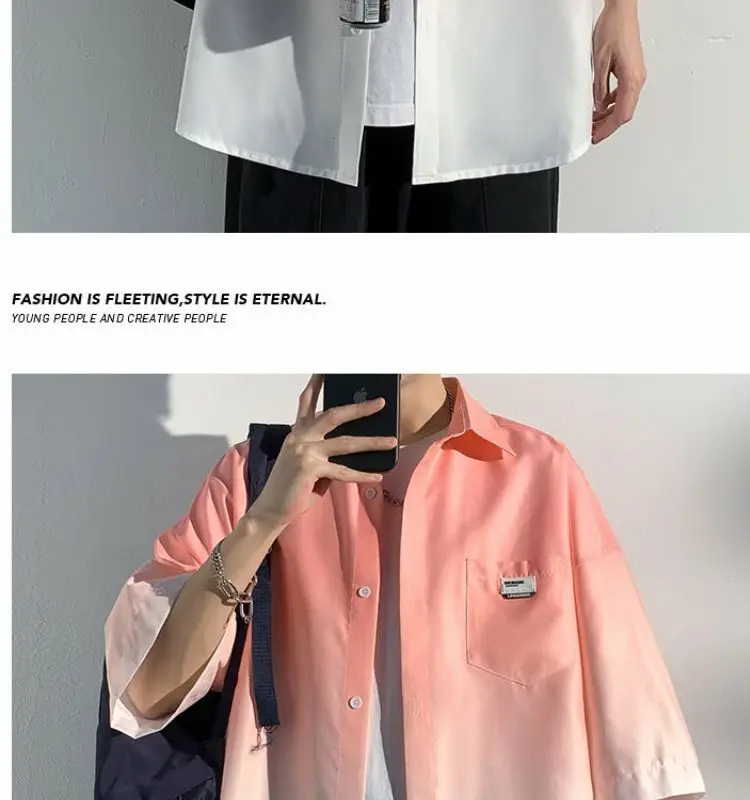 Men Ice Silk Gradient Short Sleeve Shirt Blue White — feature 20