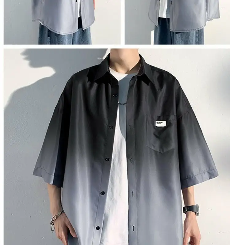 Men Ice Silk Gradient Short Sleeve Shirt Blue White — feature 4