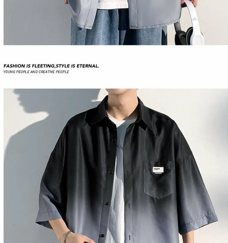 Men Ice Silk Gradient Short Sleeve Shirt Blue White — feature 5