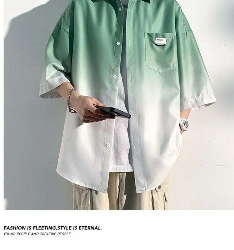 Men Ice Silk Gradient Short Sleeve Shirt Blue White — feature 9