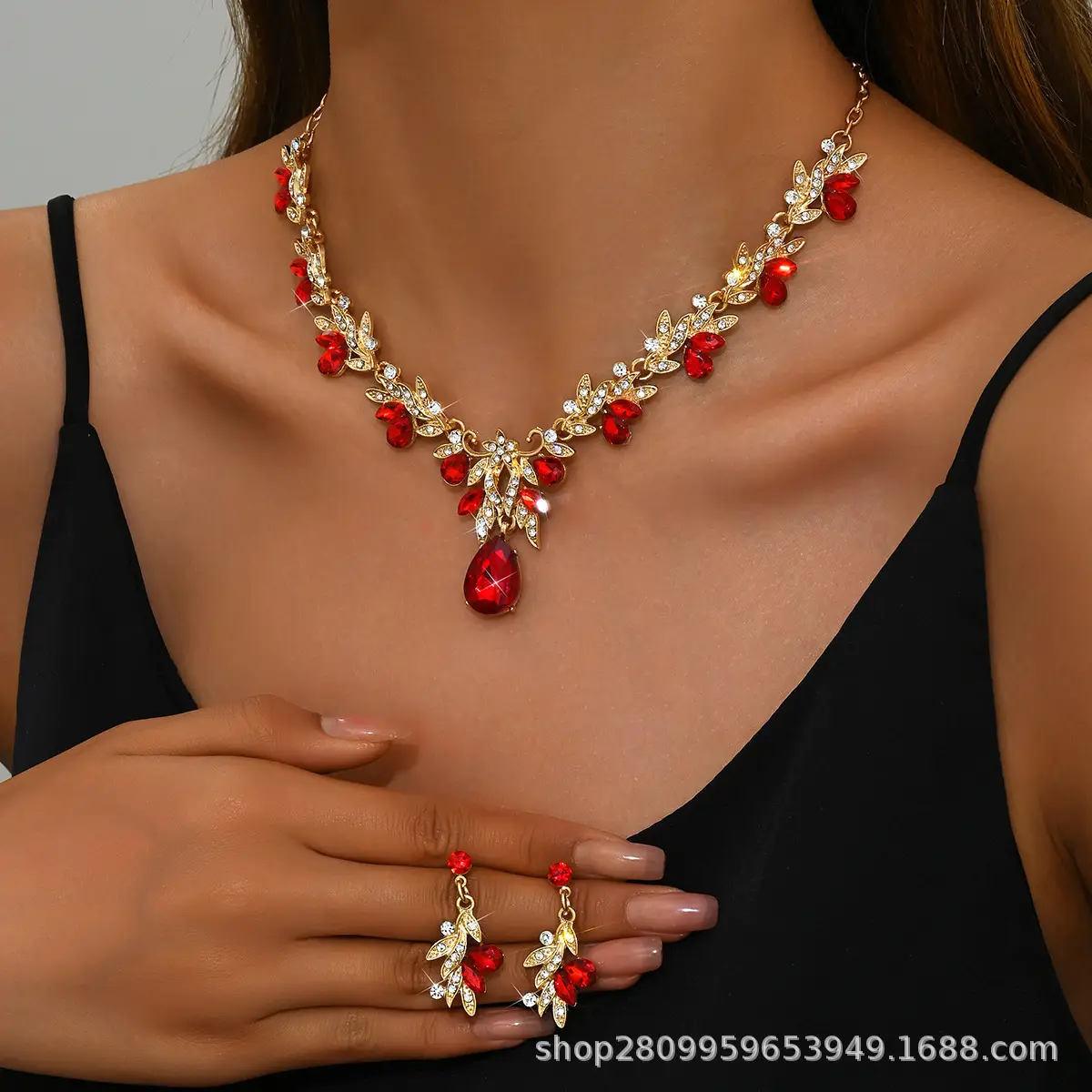 Bridal Gold Blue Crystal Collar Necklace Set Earrings - Image 7