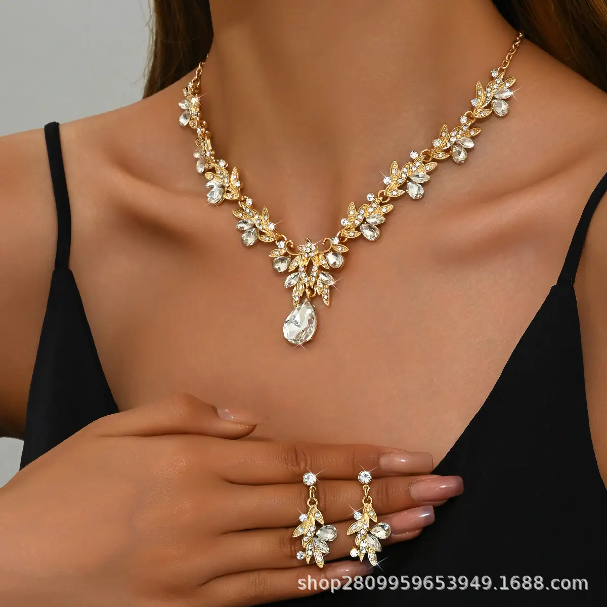 Bridal Gold Blue Crystal Collar Necklace Set Earrings - Image 8