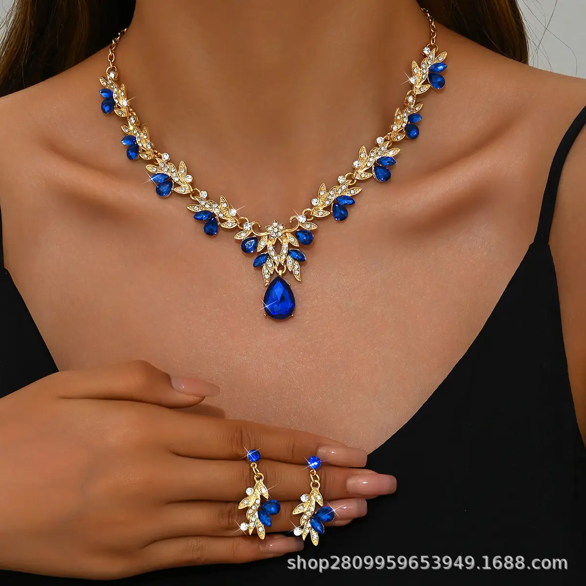 Bridal Gold Blue Crystal Collar Necklace Set Earrings - Image 9