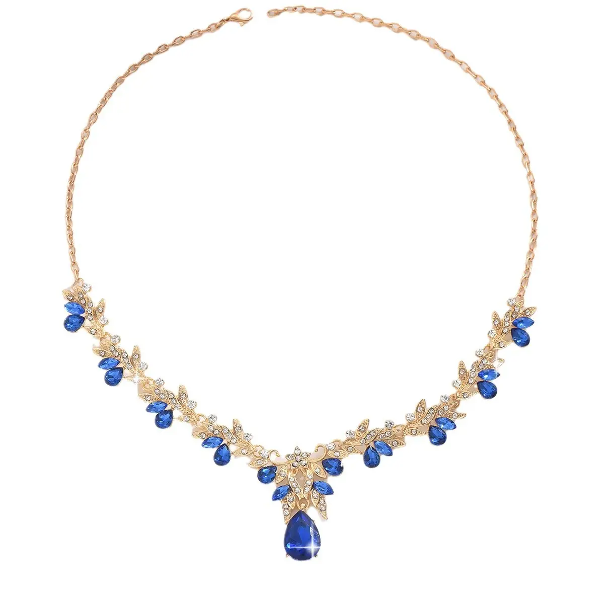 Bridal Gold Blue Crystal Collar Necklace Set Earrings - Image 10