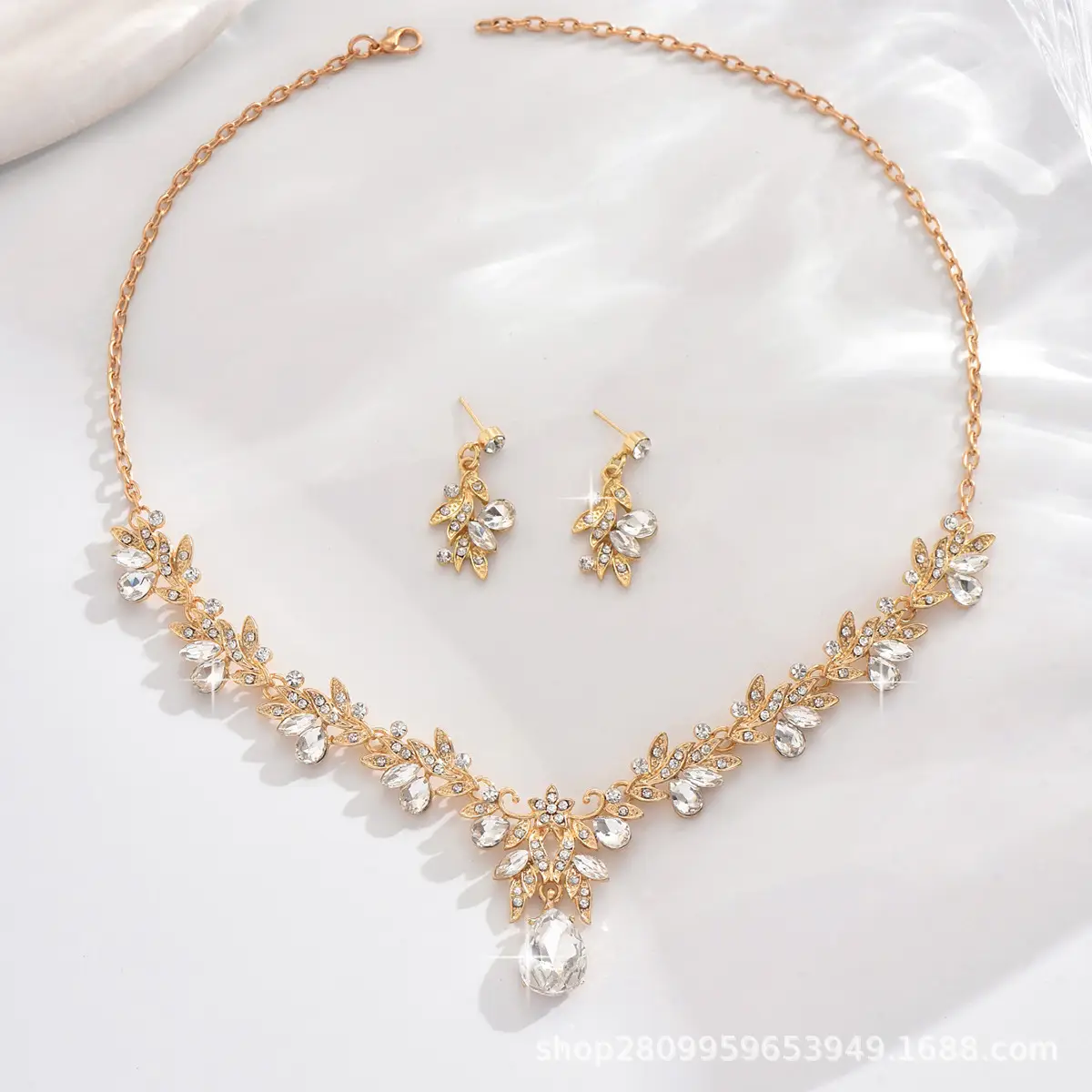 Bridal Gold Blue Crystal Collar Necklace Set Earrings - Image 2