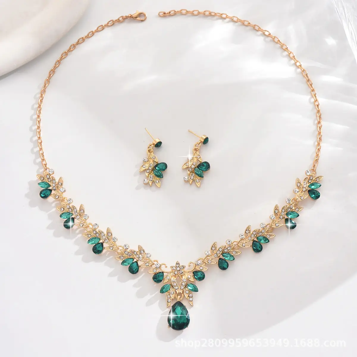 Bridal Gold Blue Crystal Collar Necklace Set Earrings - Image 3