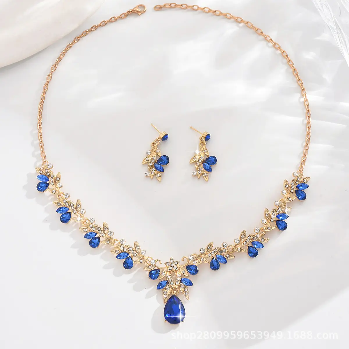 Bridal Gold Blue Crystal Collar Necklace Set Earrings - Image 5
