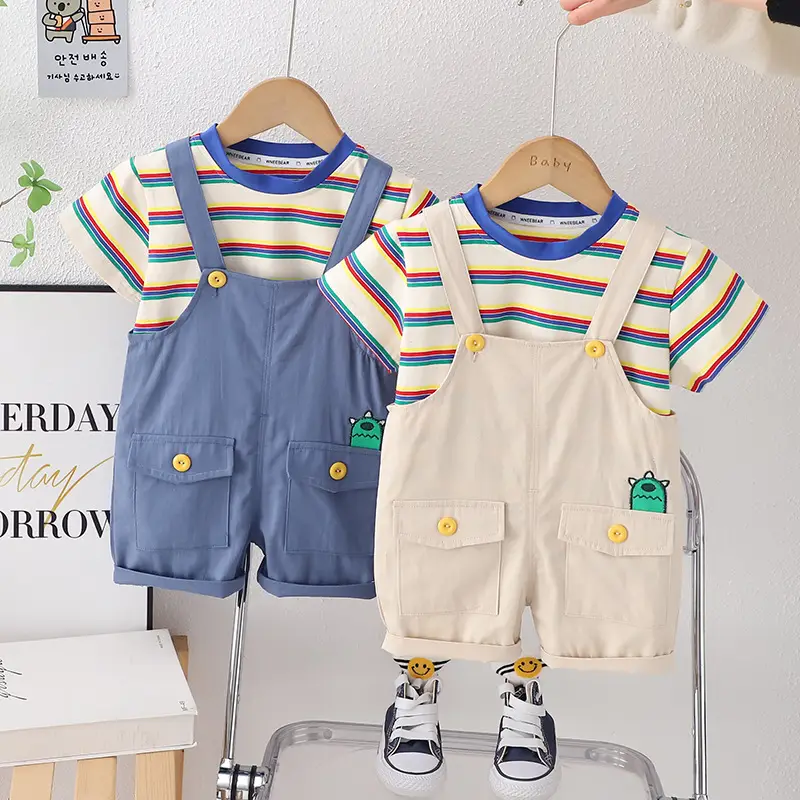 Children's 2-Piece Cotton T-Shirt Shorts Set Blue Beige Summer Casual - Image 3