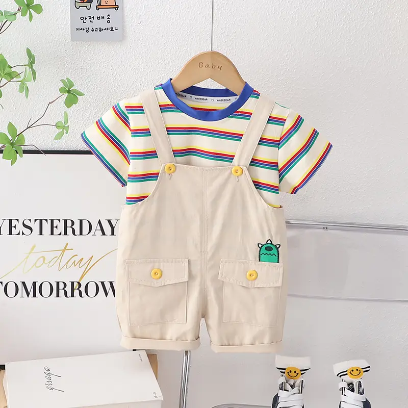 Children's 2-Piece Cotton T-Shirt Shorts Set Blue Beige Summer Casual - Image 2